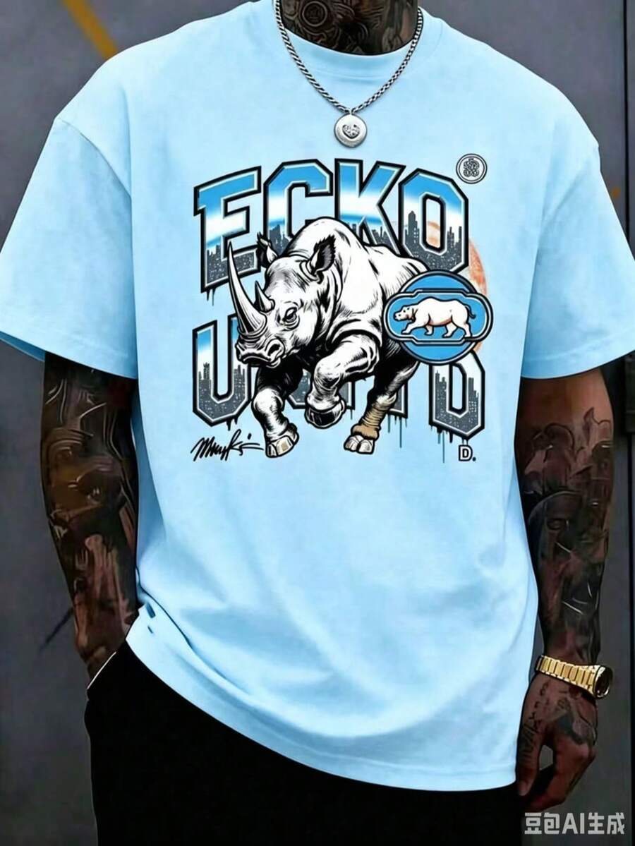 The Iconic ECKO Unltd Graphic Features A Bold Rhino Emblem With Urban Camouflage Lettering Symbolizing Strength Individuality Urban Culture 220g - 淺藍色2 - 查看 1