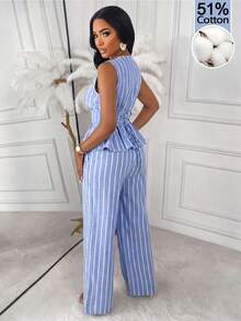 AIJ Women's Elegant Casual 2 Pieces Set, Boat Neck Striped Tank Top Paired With Tie Waist Wide Leg Pants Summer - Blue and White Stripes - View 2