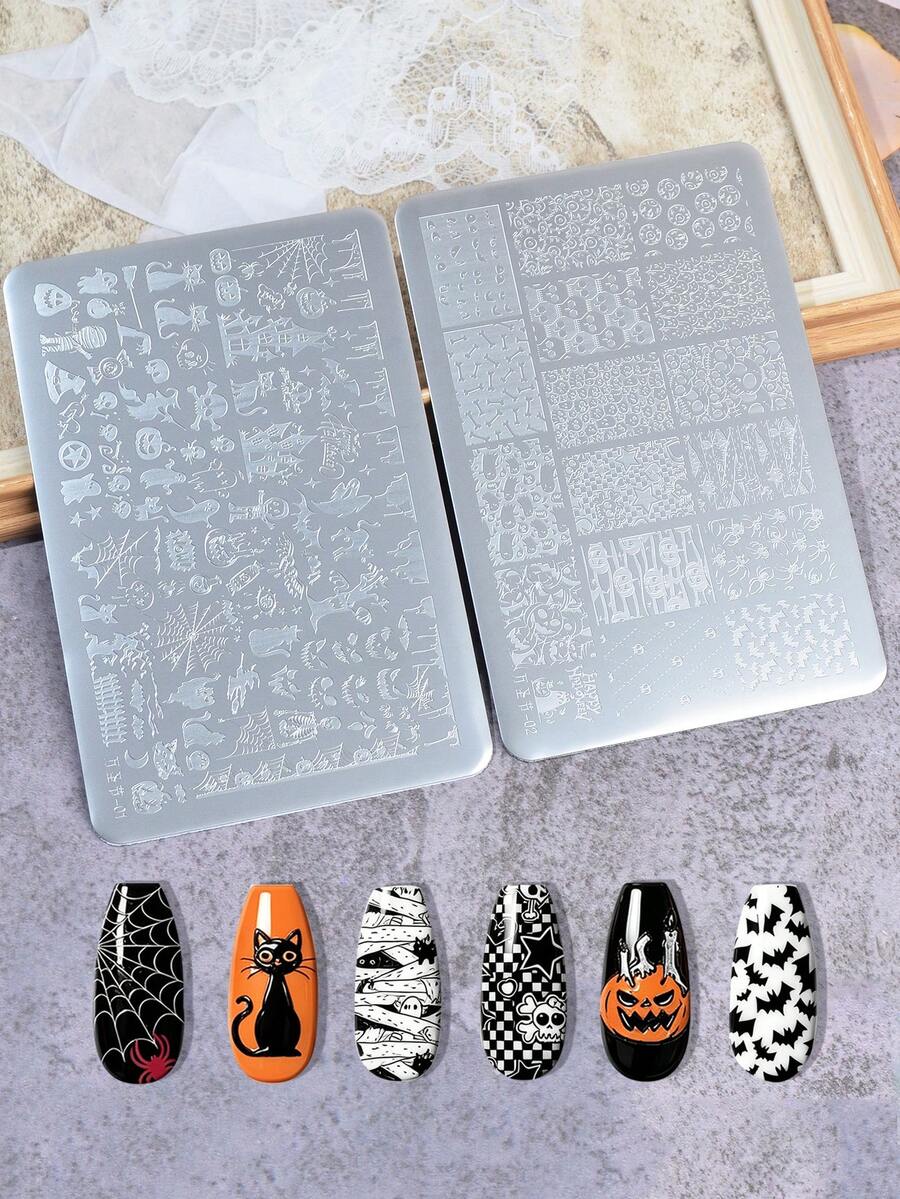 2pcs Halloween Print Stainless Steel Nail Stamping Plates, Dark Skull & Ghost Pattern Nail Transfer Templates, DIY Nail Art Tools - Silver - View 1