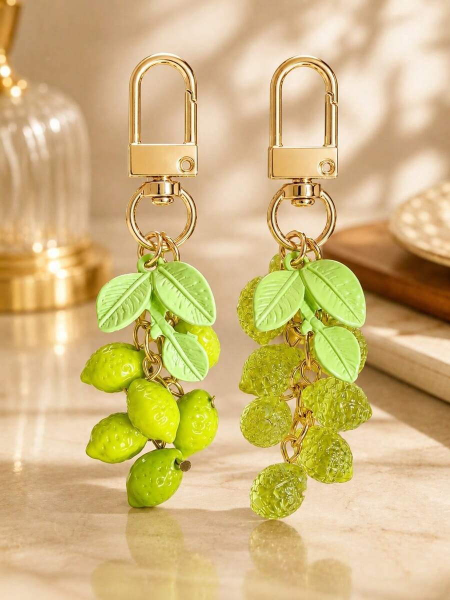 1pc/2pcs Unisex Fresh Lemon Acrylic Beaded Pendant Alloy Painted Leaf Charm Keychain Summer Fresh Bag Pendant - Multicolor - View 1
