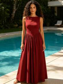 MODA MO, REF: H978 Women's Dress, Long Dress, Sleeveless, Round Neckline, High Waist, Open Back, Dress With Zipper, Slim Fit, A-Line Dress, Elegant, Modern, Lightweight, Comfortable, Versatile, Refined Look, Casual Chic Dress, Dress For Events, Sophisticated Look, Summer Dress, Quality Finish, Feminine Style. - 酒紅色 - 查看 6