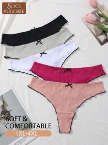 Rosiemei 5pcs Plus Size Women's Ribbed Low Waist Front Bow Thong , Comfortable Triangle G-String Soft T-Back Elastic Panties - Multicolor - View 10