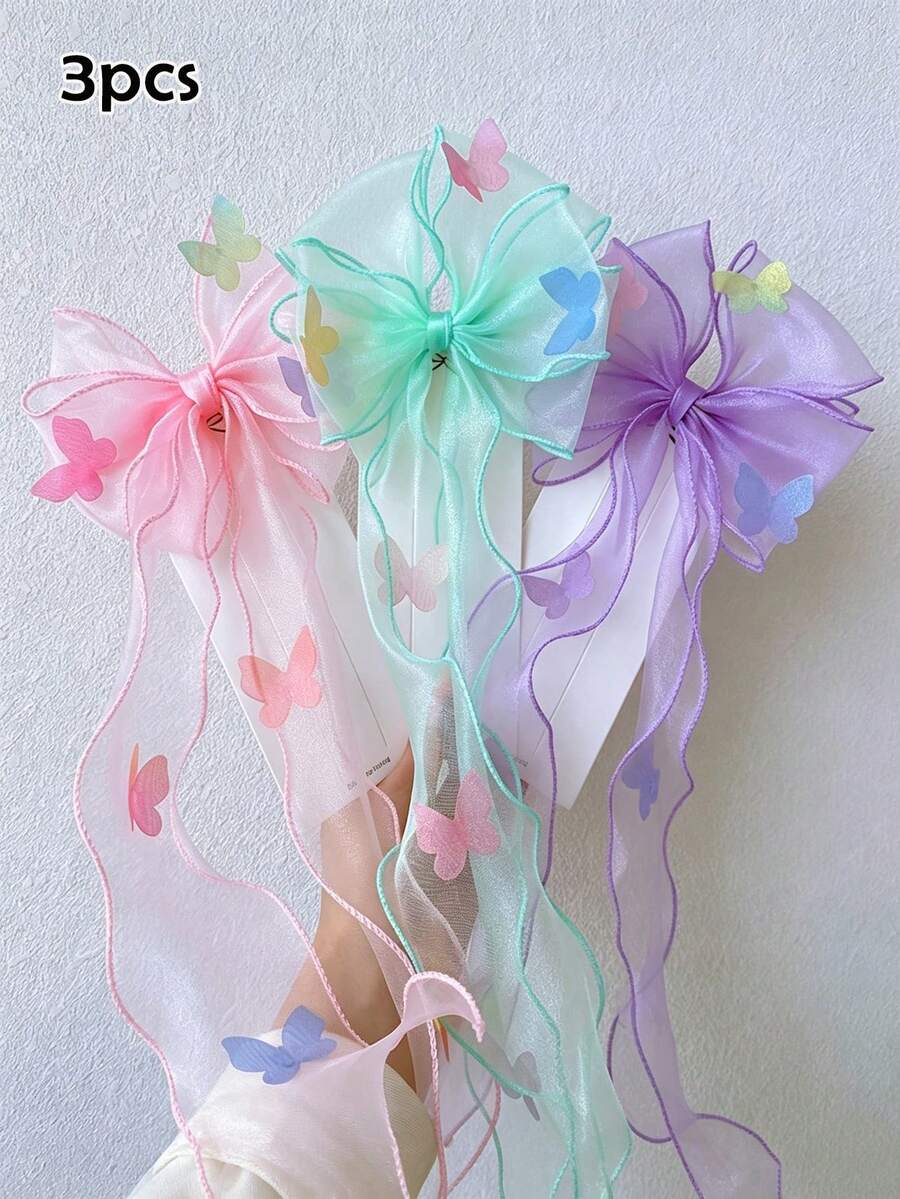 1/3Pcs Sheer Tulle Bow Long Streamer Hair Clips, Sweet Colorful Ribbon Hair Accessories, Fall Decor, School Supplies