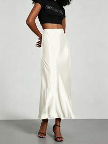Plus Size Solid Color Satin Elegant Long Skirt For Vacation, Evening Party And Wedding White - White - View 5