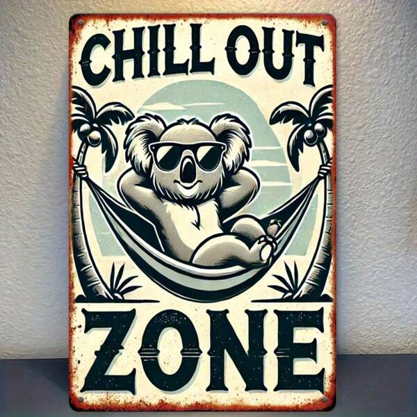 2D Flat Vintage "Chill Out Zone" Metal Sign 12x8 Inches, Country Kangaroo Relaxing On Hammock Design, Suitable For Bedroom, Living Room, Balcony Or Beach House Decor, Beach Theme Decoration