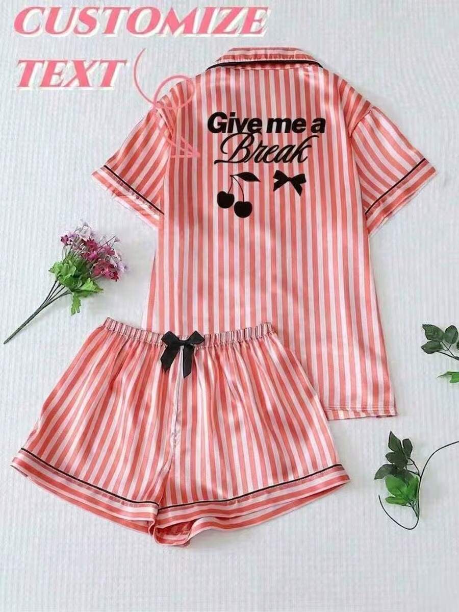 Personalized Satin Striped 2-Piece Short Loungewear Set, Customized Rhinestone Pajamas For Bridesmaid, Birthday And Anniversary Gift - Watermelon Pink - View 1