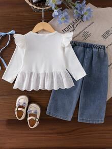 Baby Girl 2-Piece Set For Spring/Autumn: Lace Trim Bow Ribbed Ruffle Hem White Long Sleeve Top + Bow Embroidery Wide Leg Denim Pants Outfit - White - View 2