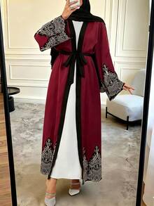 女士花卉贴花装饰长袖优雅阿拉伯长袍，金色蕾丝拼接，端庄长袍，波西米亚风，度假，海滩度假 - 彩色 - 查看 3