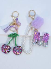 1pc Resin Starry Sky Epoxy Letter Keychain With Black Fur Ball Tassel Decor, Heart Pendant Gift For Friend And Mom - Mauve Purple - View 11