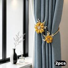 2pcs Luxury Pearl Floral Curtain Tiebacks, 3D Flower Bedroom Living Room Soft Decor Curtain Tie, Window Decoration - Alloy - View 13