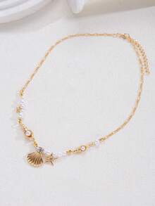 1 pieza Collar colgante de moda minimalista elegante con perla falsa, estrella de mar, concha y caracol en color dorado para mujeres, regalo de verano, vacaciones en la playa, cita, fiesta, vacaciones, cumpleaños, versátil para uso diario - Amarillo Oro - View 6