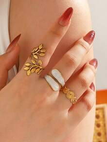 3pcs Stainless Steel Minimalist Fashion Leaf & Sun Rings Set, Suitable For Women's Daily Wear And Party - Multicolor - View 3