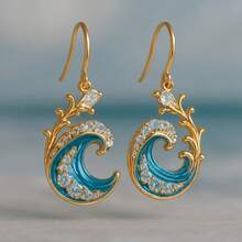 Best-Selling Luxury Wave Double Drop Earrings For Women, Creative Ocean Series Inlaid Versatile Ear Jewelry, Exquisite Holiday Birthday Gift - Gold - View 1