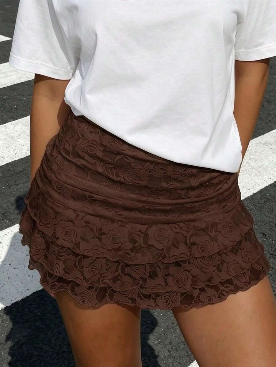 Lace Trim Solid Color Casual Everyday Versatile Side Zipper Ruffle Hem Shorts Summer - Coffee Brown - View 1