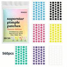 280/560 piezas Nuevos parches de acné de hidrocoloide de 7 colores con diseño de estrella, pegatinas correctoras faciales súper estrella, parches faciales lindos para volver a la escuela, adecuados para decoración facial en fiestas, pegatinas multifuncionales DIY para álbumes de recortes, sin fragancia, sin conservantes, adecuados para todo tipo de piel, diseño de estrella lindo en varios colores, adecuados para todos - Estrella - Ver 5