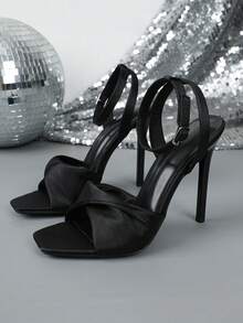 Smooth Black Silk Square Toe Stiletto High Heel Sandals, Elegant And Formal Evening Party Shoes - Black - View 17