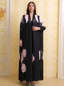 Floral Print Elegant Plus Size Robe - Black - View 2