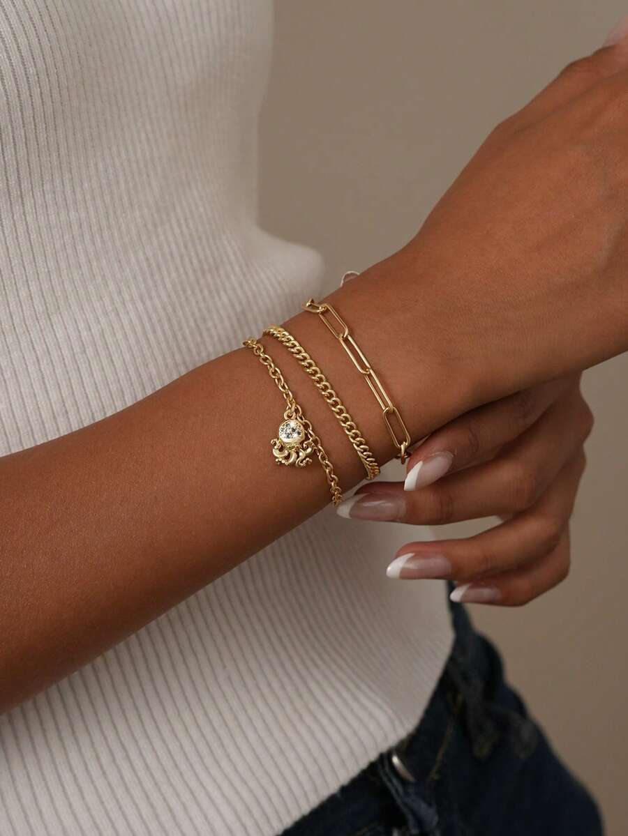 3pcs/Set Women's Bracelet Set, Bohemian Summer Beach Vacation Style, Golden Plated Multi-Layer Basic Chain, Paperclip Chain, Cuban Chain, Copper Inlaid Zirconia Octopus Pendant, Multi-Layer Stackable Bracelet Set, Ocean Series Bracelet Jewelry Gift - Yellow Gold - View 1