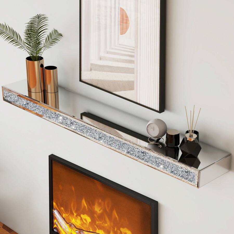 Mirrored Fireplace Mantel Floating Shelf, Silver Crushed Crystal Diamond Wall Mount Display Shelf For Over Fireplace & Under TV, Glam Decor Floating Shelves For Living Room Bedroom Kitchen