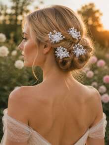 KOVLYNE 4件組優雅白色花卉珍珠髮夾套組－浪漫新娘髮飾，適合女性婚禮、派對與特殊場合頭飾 - 白色 - 查看 5