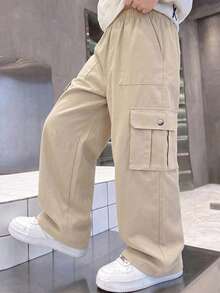 Tween Boys Casual Cargo Pants, Minimalist Classic Loose Fit Multi-Pocket Sports Long Pants, All-Season Streetwear Campus Versatile - Apricot - View 2