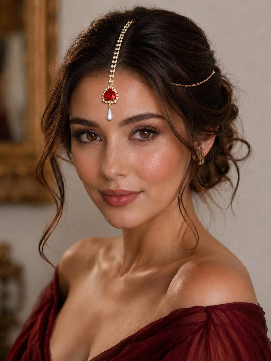 outingfit 1pc Vintage Bridal Forehead Chain, Pearl Hair Chain, Wedding Jewelry - Gold - View 1