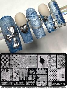 1 peça Placa de Carimbo para Unhas em Denim, Molde de Arte de Unhas em Aço Inoxidável com Textura de Denim, Coração, Xadrez, Bolinhas, Urso, Laço, Estrela e Padrão Grunge Rasgado, Placa de Carimbo de Unhas Y2K Doce e Feminina Estilo Cowboy para Acessórios de Manicure DIY de Salão - Prata - Ver 2