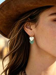 1 Pair Of European And American Fashionable Simple Alloy Heart Drip Oil Double-Layered Stud Earrings For Women, Summer Earrings, Festival Gift, Everyday Use Valentines,Mom,Mother,Mother's Day,Gift - Multicolor - View 4