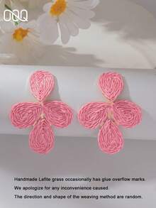 OOQ 1 Pair Minimalist 4-Petal Flower Water Drop Handmade Raffia Earrings, Elegant Fresh Solid Color Exaggerated Versatile Women's Earrings, Suitable For Daily Wear And Any Holiday Gift - Pink - View 2