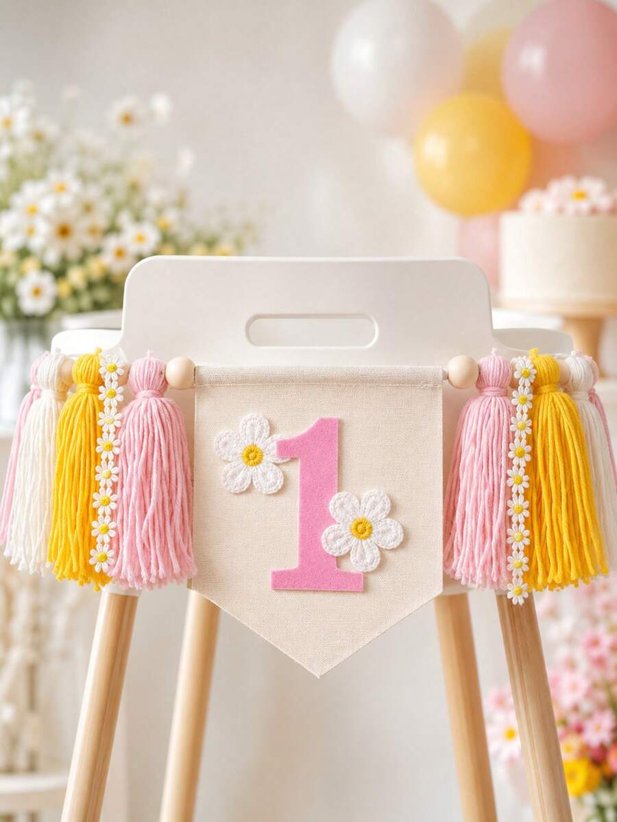 1pc Daisy 1st Birthday High Chair Banner - Macaron Color Cake Smash Party Decoration, Bohemian Style 1st Birthday Decoration, Daisy Theme 1st Birthday Party Decoration - Color - View 1