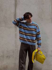 2026 New Street Fashion Striped Knit Men's Autumn/Winter Loose Versatile Sweater, Lazy Style Casual Top - Blue - View 1