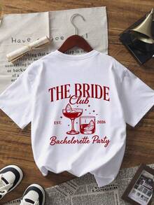 1件女款夏季圓領短袖T恤上衣，INS風格，Bridal Club，單身女派對，雞尾酒印花圖案休閒白色T恤 - 白色 - 查看 5
