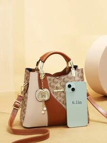 Retro Allover Letter Print Handbag Combo, Color Block Splicing Shoulder Bag With Detachable Adjustable Strap & Gold Metal Hardware - Brown - View 4