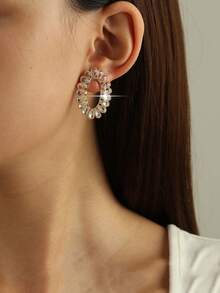 1pair Teardrop Cubic Zirconia Oval Gold Plated Hollow Sparkly Crystal Circle Earrings Luxury Elegant Jewelry For Women Wedding Party Daily Accessories - Yellow Gold - View 3
