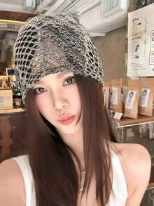 1件復古鏤空針織便帽，女款春夏鏤空網眼頭巾帽，透氣薄款寬鬆垂墜帽，適合光頭與白髮女性 - 鏤空 - 查看 5
