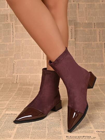 Elegante Damen-Ankle Boots mit spitzer Zehenpartie aus Lackleder im Patchwork-Design, mit Reißverschluss hinten, modische Sockenstiefel mit klobigem Absatz, schlankmachend, Vintage-Streetwear-Party-Schuhe für den Herbst