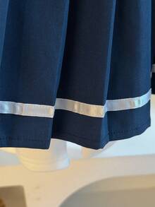 Girls Early Autumn Sweet Cute Preppy Style Bow Contrast Color Polo Shirt With Turn-Down Collar Long Sleeve Top + Daily Versatile Pleated Skirt + Decorative Versatile Shawl 3-Piece Set Suitable For Daily, Outdoor, School, Commute, Vacation, Party - Royal Blue - View 8