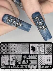 1 peça Placa de Carimbo para Unhas em Denim, Molde de Arte de Unhas em Aço Inoxidável com Textura de Denim, Coração, Xadrez, Bolinhas, Urso, Laço, Estrela e Padrão Grunge Rasgado, Placa de Carimbo de Unhas Y2K Doce e Feminina Estilo Cowboy para Acessórios de Manicure DIY de Salão - Prata - Ver 3
