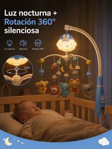 Móvil musical para bebé, juguete colgante tranquilizador para cuna, rotación de 360°, con mordedor desmontable para bebé, sonajeros y luz nocturna musical para dormir, regalo de cumpleaños para bebés recién nacidos niños y niñas. - Azul - Ver 2