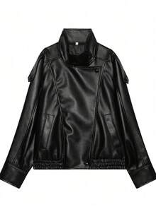Liorin Autumn/Winter New Women's European And American Style Fashion Minimalist Versatile Lychee Grain Leather Stand Collar Jacket - Black - View 9