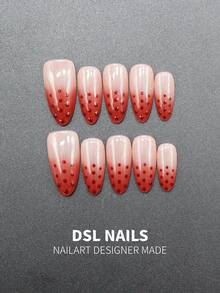 10pcs Almond Press-On Nails With Red Gradient Dotted Blush Design. Soft Gentle Daily Style. Full Nail Tools Included, Sweet Manicure Gift For Ladies. Handmade Press On Nails - Red - View 12