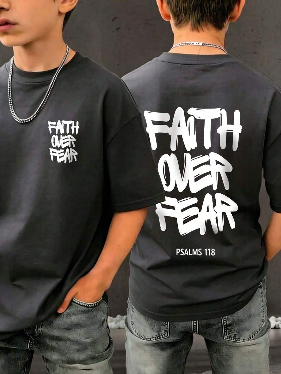青少年男孩休閒趣味印花圓領短袖套頭T恤夏季上衣 - 深灰色 - 查看 1