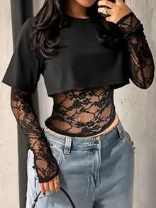 NOIRLYN Women's Autumn Y2K 2 In 1 Lace Patchwork Long Sleeve Top, Sexy Fitted Round Neck Layered T-Shirt, Street Style Black - Black - View 10