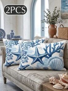 1/2pcs Fashion Coral Coast Style Pillowcase, Single-Sided Print, Breathable & Anti-Pilling, Comfortable & Cozy, Machine Washable, Suitable For Sofa And Car Pillows, 45*45/50*50CM, Living Room Sofa Decoration, Summer, Back To School Season - Multicolor - View 10