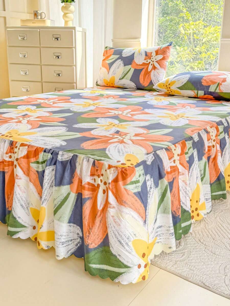 3pcs (1 Bed Skirt, 2 Pillowcases) Floral, Botanical, Striped And Plaid Pattern Printed Bed Skirt With Ruffle Hem, Full Coverage Dust Cover With Elastic Band, Soft And Breathable Bedding Set, Bohemian Style Soft Skin-Friendly Bedding Set Suitable For Bedroom Use, 3-Piece Set With Pleated Bed Skirt And 2 Pillowcases