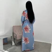 歐美純美式風格花卉印花長洋裝，收腰設計，葉子與花朵圖案，全身印花，梭織面料，正式晚裝，秋季 - 藍色 - 查看 3