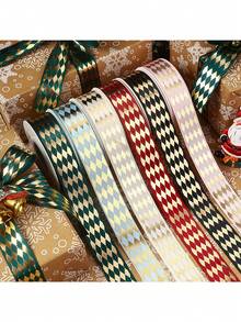 1pc Red & Gold Foil Diamond Lattice Satin Ribbon, Heat-Stamped Diamond Pattern Gift Wrapping Ribbon, Suitable For Halloween, Christmas Bows, Handmade Gifts, Packaging Decoration, Theme Party, Home Decor, Holiday Celebration - Multiple Styles - View 6