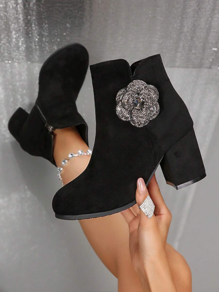 Women's High Heel Ankle Boots, Autumn/Winter New Style, Chunky Heel, Low Shaft, Mid-Heel Boots, Minimalist Commuter Boots - Black - View 1