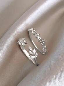 Juego de 5 anillos abiertos de cobre con flor de circonita cúbica dulce y símbolo de infinito, adecuado para mujeres en vacaciones y bodas (Caja de regalo no incluida) - Plateado - Ver 5