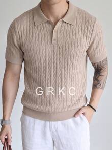 GRKC Men's Polo Shirt, Collared Short Sleeve Knit, Simple Commuter Style, Solid Color Cable Knit Base Layer, Spring/Summer - Light Grey - View 2